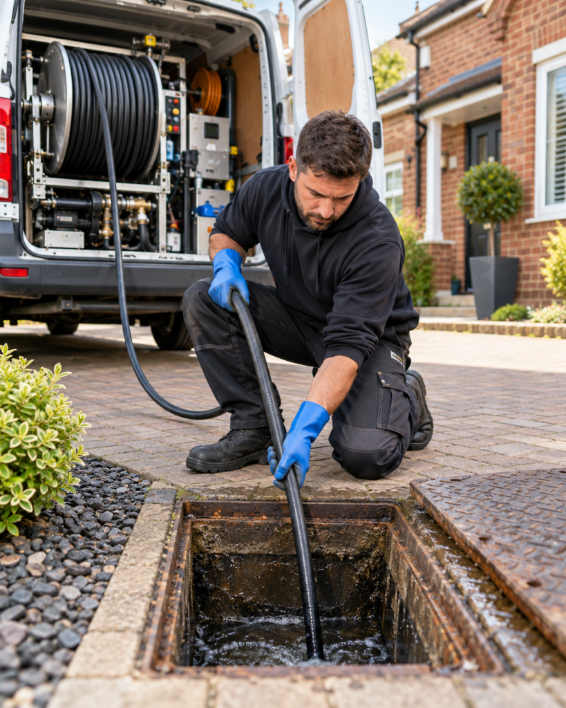 Drainage engineer jetting a blocked drain outside a house in Chester